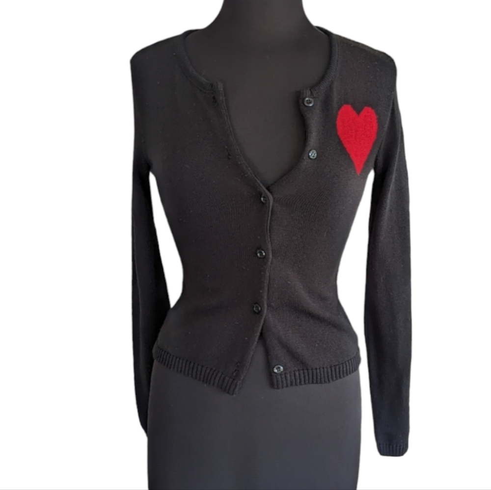 Black Cardigan Sweater with Red Heart